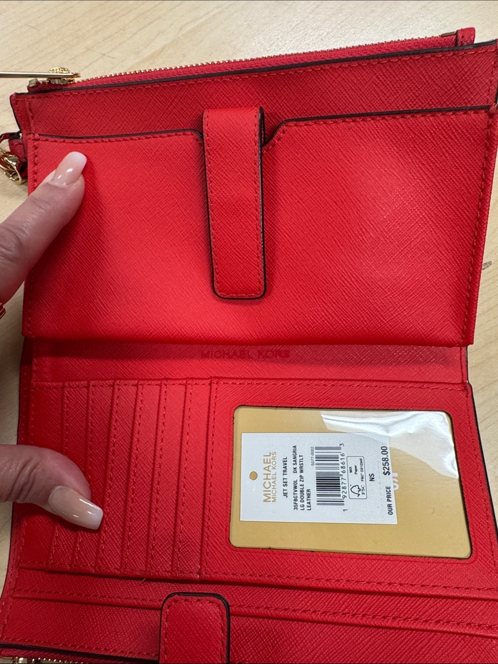 Michael Kors Red Saffiano Leather Wristlet Clutch with Gold Logo - Picture 2 of 3